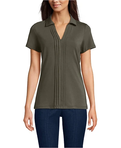 Lands' End Women's Short Sleeve Lightweight Jersey Pintuck Open Collar Polo