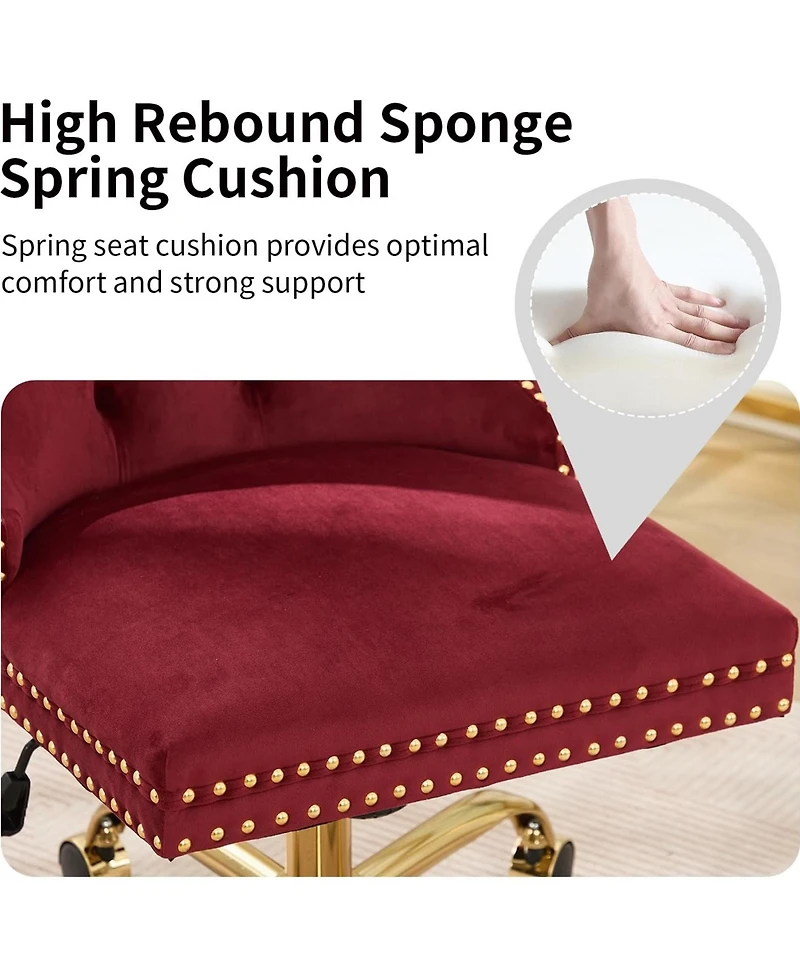 Rainsken Velvet Upholstered Office Chair, Tufted Button Desk Chair, Adjustable Swivel Computer Chair with Metal Base, Nailhead for Home Office