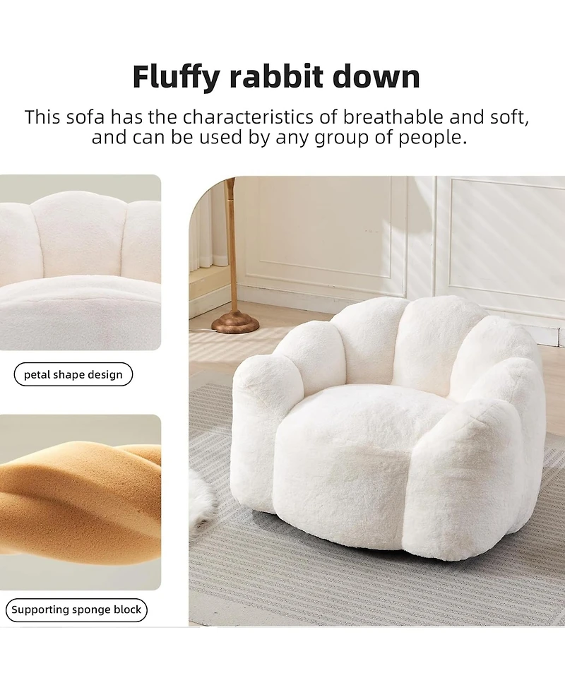 Rainsken Large Bean Bag Chair, Faux Fur Reading Sofa Chair with Petal Backrest and Pull Ring, Oversize Reading Chair for Bedroom