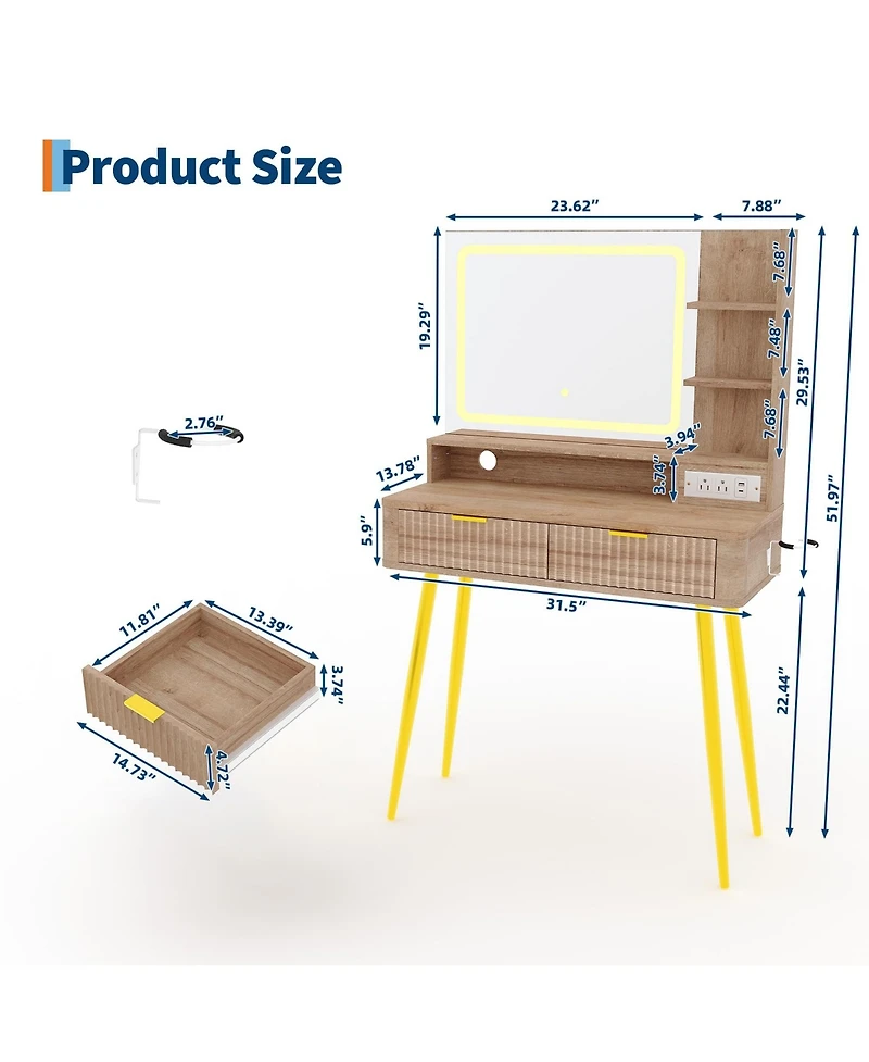 gaomon 31" Mid-Century Modern Makeup Vanity Desk with Lighted Mirror, 2 Drawers and Cabinet
