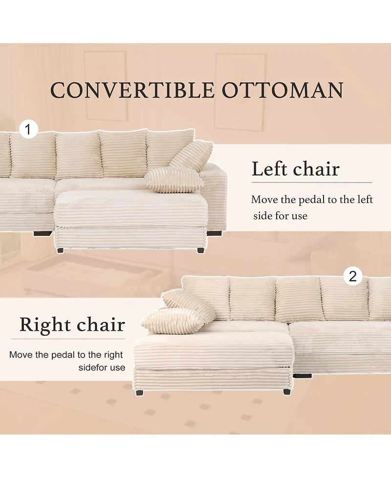 Streamdale Corduroy Sectional Sofa w/ Storage Ottoman and Pillows