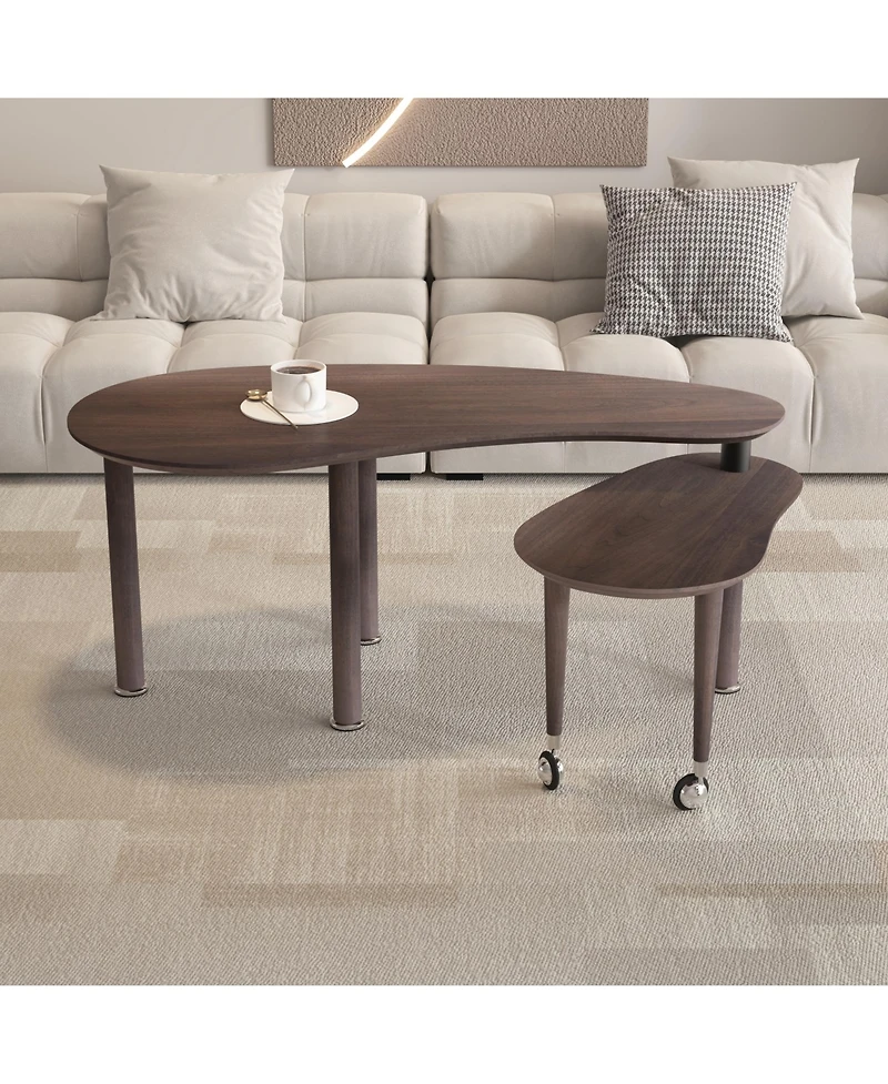 Rainsken 360° Rotatable Coffee Table, Nesting Coffee Tables with Swivel Function, Modern Wood Oval Center Table for Living Room