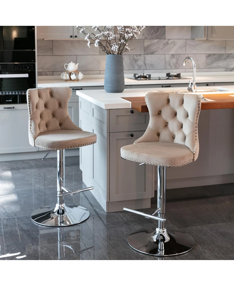 Rainsken Velvet Swivel Bar Stools Set of 2, Adjustable Counter Height Chairs with Nailhead Trim and Silver Metal Base for Kitchen Island.