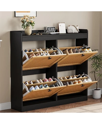 gaomon Shoe Cabinet Rattan with 4 Flip Drawers, Wooden Freestanding Organizer Adjustable Shelves, Storage for Entryway, Closet