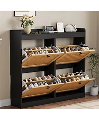 gaomon Shoe Cabinet Rattan with 4 Flip Drawers, Wooden Freestanding Organizer Adjustable Shelves, Storage for Entryway, Closet