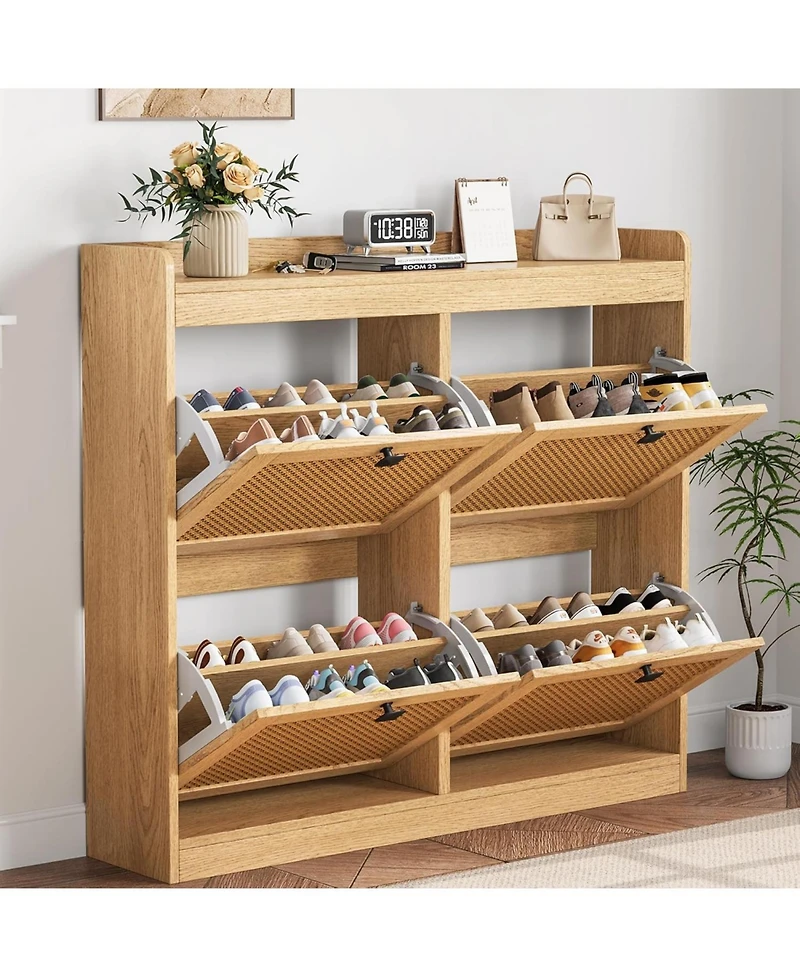gaomon Shoe Cabinet Rattan with 4 Flip Drawers, Wooden Freestanding Shoe Organizer with Adjustable Shelves, Shoe Storage for Entryway, Closet