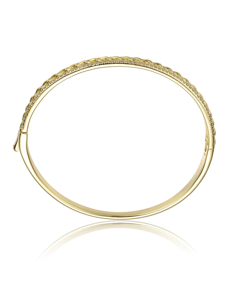 Sterling Silver 14k Yellow Gold Plated with Cubic Zirconia Chain Link Stiff Bangle Bracelet