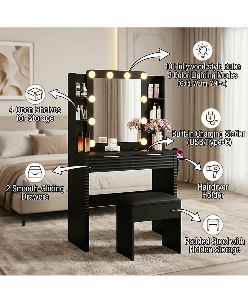 Rainsken Mirror With 10 Led Bulbs Fluted Front Feature Makeup Vanity Desk Set