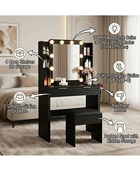 Rainsken Mirror With 10 Led Bulbs Fluted Front Feature Makeup Vanity Desk Set