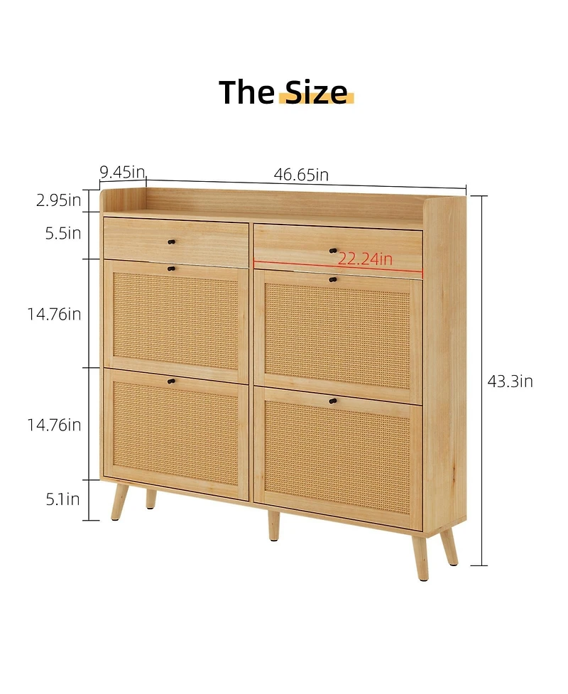 Homfan Shoe Cabinet Storage with 4 Flip Drawers, Rattan Narrow Shoe Rack Cabinet Storage for Entryway Hallway Living Room Closet