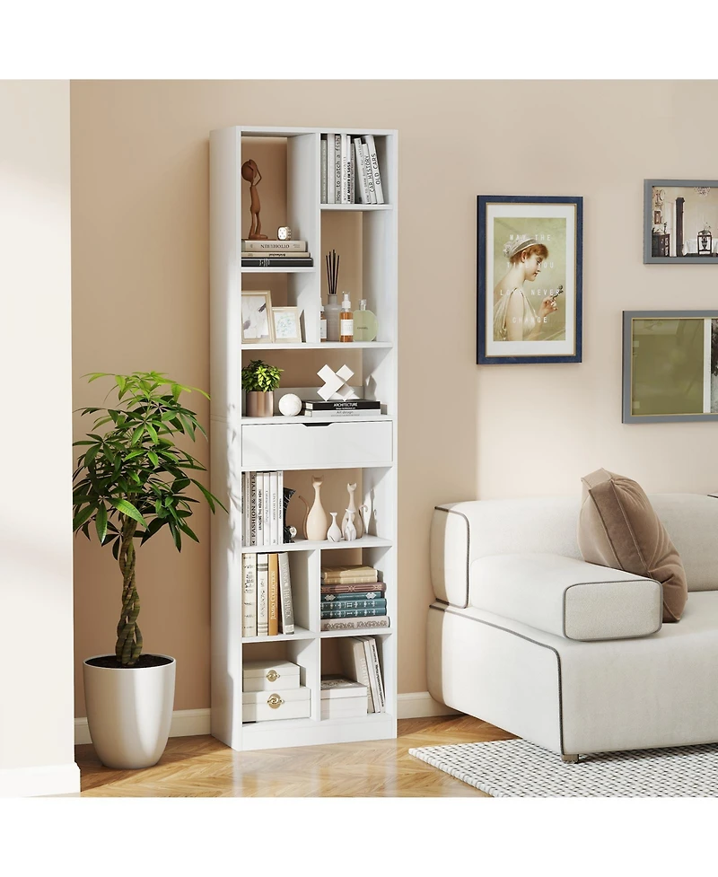 Slickblue 7-tier Bookshelf with Drawer 180cm Floor Standing Display Rack Storage Shelf.