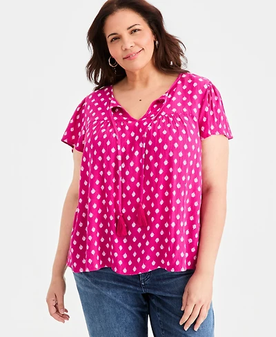 Style & Co Plus Printed Split-Neck Flutter-Sleeve Blouse, Macy's Exclusive