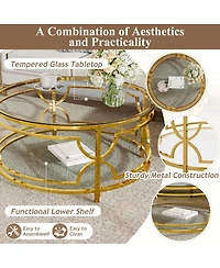 Streamdale Furniture Round Tempered Glass Coffee Table, 30.7" ,Geometric Metal Frame