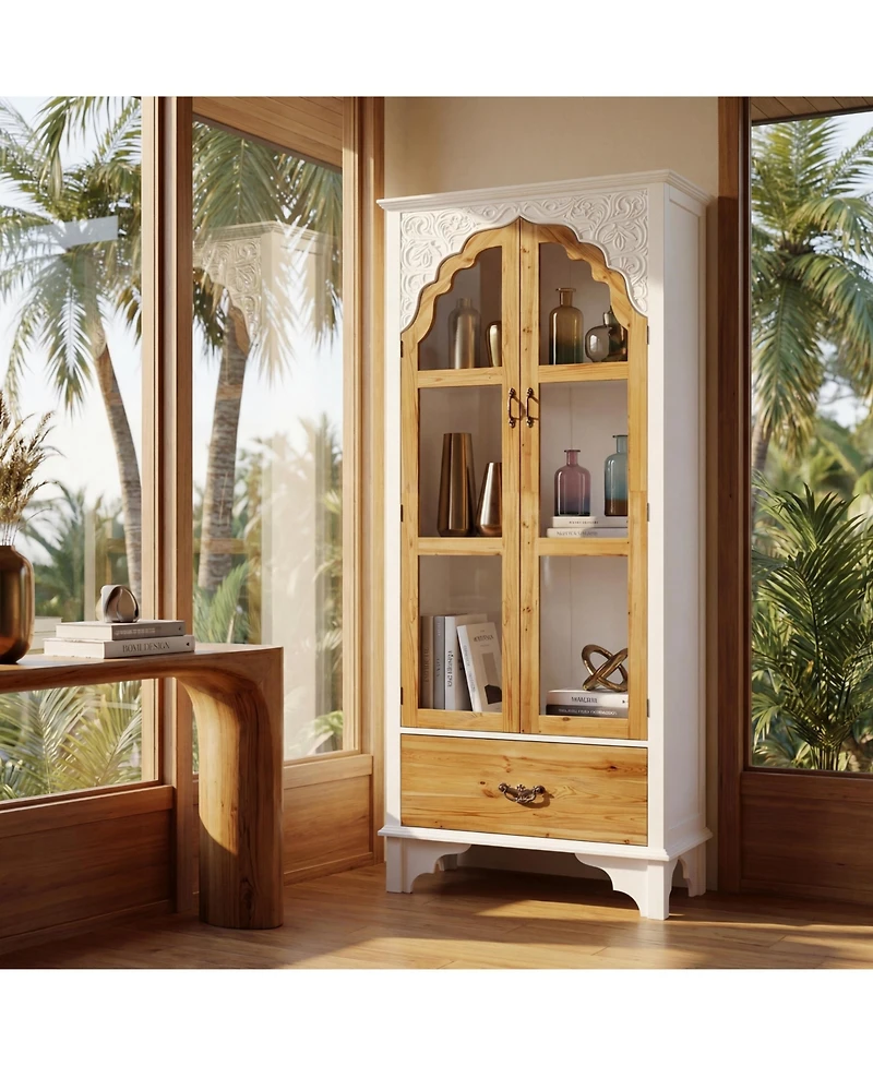 Homsee Wooden 3-Shelf Standard Bookcase with Acrylic Door, Drawer