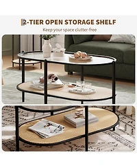 gaomon Boho Oval 2-Tier Rattan Coffee Table with Water-Wave Tempered Glass Top