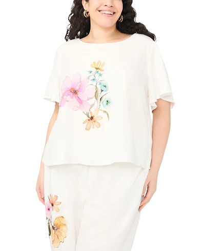 Vince Camuto Plus Crewneck Cropped with Flutter Short-Sleeves Blouse