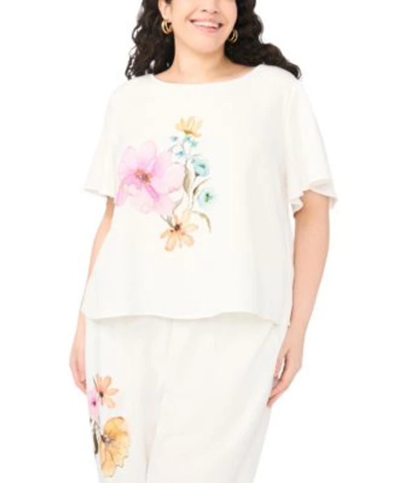 Vince Camuto Crewneck With Flutter Sleeves Smocked Wide Leg