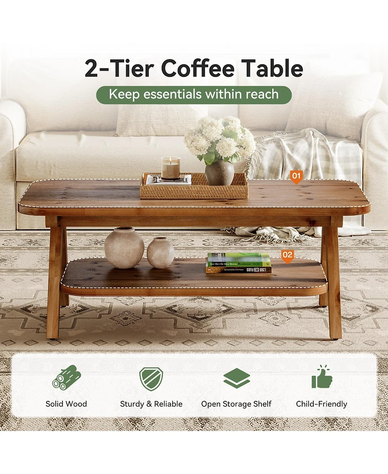 Tribesigns 2-Tier Solid Wood Coffee Table, 47.2" Rustic Wooden Rectangular Center Table