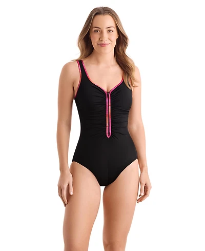 ShapeSolver Women's Shirred Zipper One-Piece Swimsuit