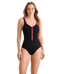 ShapeSolver Women's Shirred Zipper One-Piece Swimsuit
