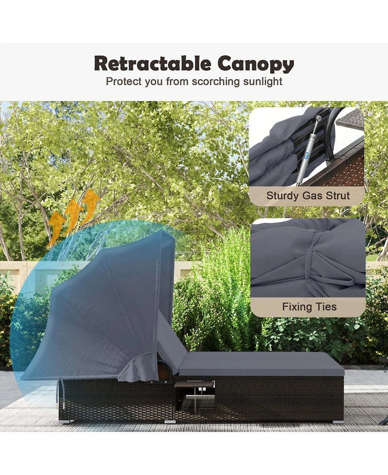 Gymax 2-person Rattan Lounge Bed w/ Retractable Canopy 5-position Adjustable Backrest