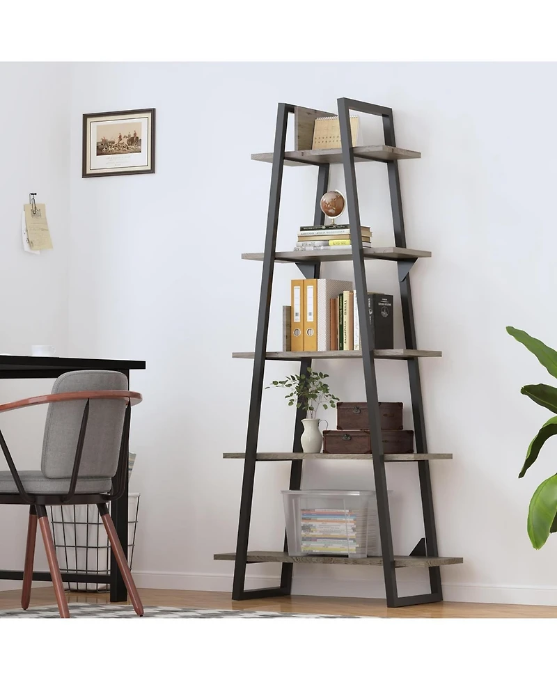 gaomon 72" A-Shape Ladder Bookcase, 5-Tier Metal Frame Shelf with Adjustable Wood Shelves
