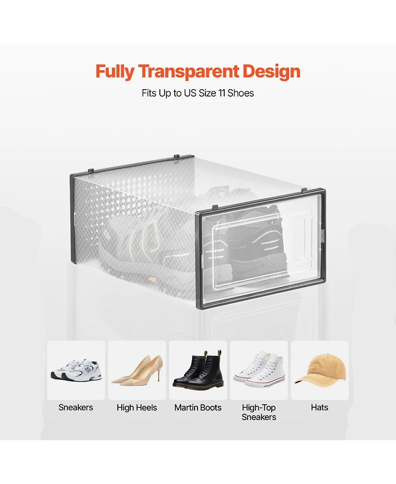 Rainsken Stackable Shoe Storage Boxes Fit Size 11, 12-Pack Plastic Shoe Organizers, Sneaker Display Containers Bins for Closet, Under Bed, Entryway