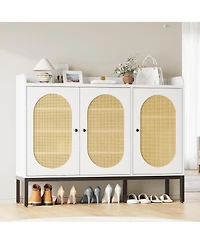 Homfan Rattan Large Shoe Cabinet with 3 Doors, 30 Pairs Boho Farmhouse Shoe Storage Cabinet with Adjustable Shelves for Entryway, Hallway, Living Room