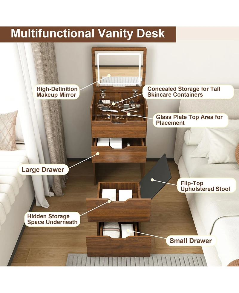 Rainsken 3-in-1 Vanity Desk with Lighted Mirror & Cushioned Tool, Flip Top Makeup Dressing Table for Cloakroom, Bedroom (18.9"L)