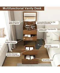 Rainsken 3-in-1 Vanity Desk with Lighted Mirror & Cushioned Tool, Flip Top Makeup Dressing Table for Cloakroom, Bedroom (18.9"L)