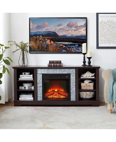 Streamdale Furniture Electric Fireplace Stone Tv Media Stand with Faux Stacked Stone Surround, 58.31"W
