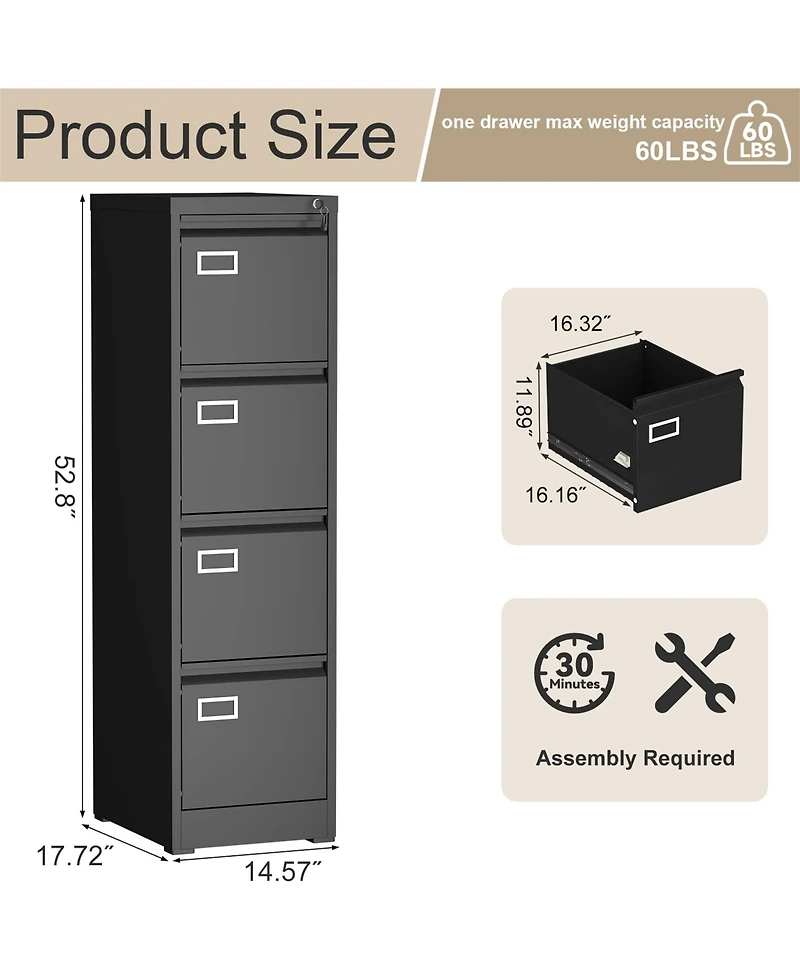 Clihome 4 Drawer Vertical Metal File Cabinet with Lock for Home Office
