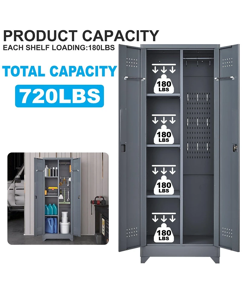 Broom Storage Cleaning Tool Cabinet With Locking Doors and Shelves