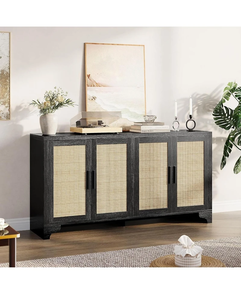 gaomon 4-Door Sideboard Buffet Cabinet, Rattan Storage Boho Entryway Console Table, Coffee Bar Station for Dinning Room, Living Room