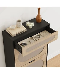 Homfan Rattan Shoe Cabinet with 2 Flip Drawers and 1 Pull-Out Drawer, Free Stand Shoe Storage Cabinet, 3 Adjustable Shelf, Narrow Shoe Cabinet