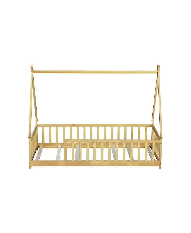 Streamdale Furniture Tent-shaped Floor Bed,Teepee Bed with Guardrails, Slats
