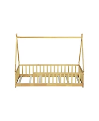Streamdale Furniture Tent-shaped Floor Bed,Teepee Bed with Guardrails, Slats