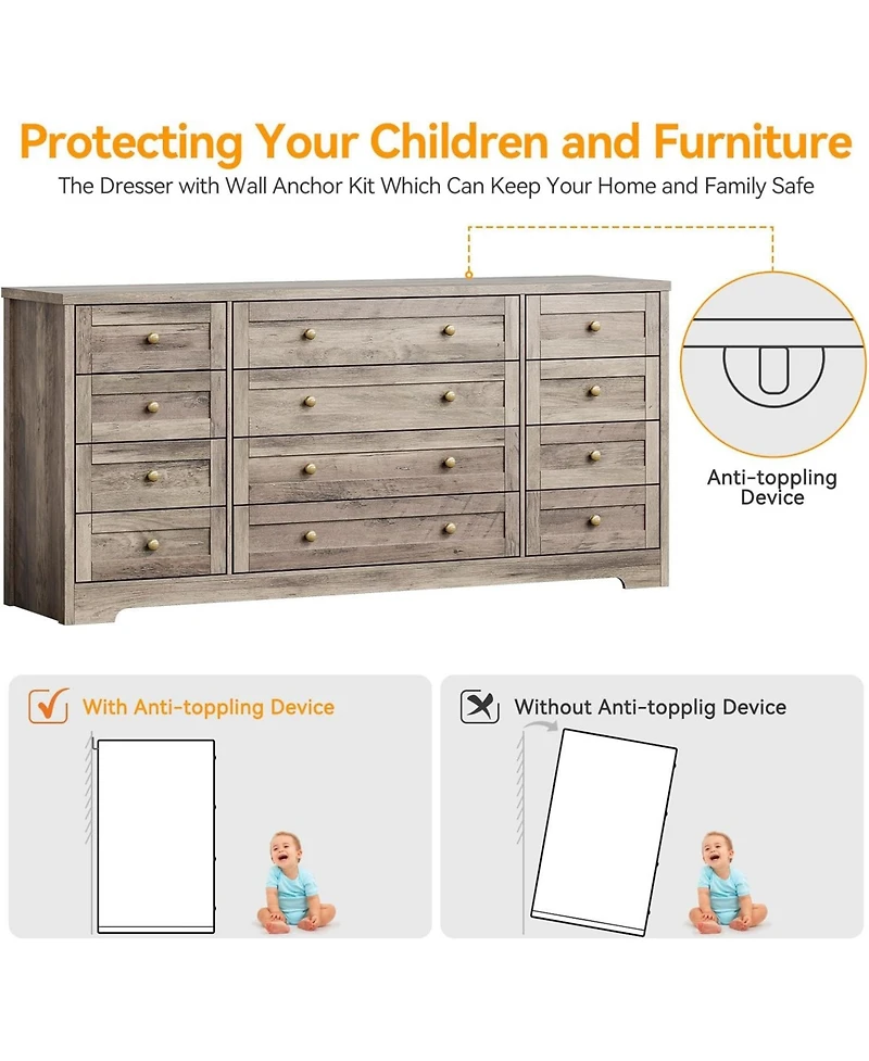 gaomon 12 Drawers Wood Dressers for Bedroom, 63" Long Wooden Dresser for Living Room, Hallway, 16" Wide Tv Stand Dresser for 65 Inch Tv, Sol