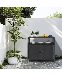 gaomon Patio Outdoor Wicker Storage Cabinet with Shelf,Powder Coated Steel,Patio Bar Table 2-Door and Shelf,All Weather Resin