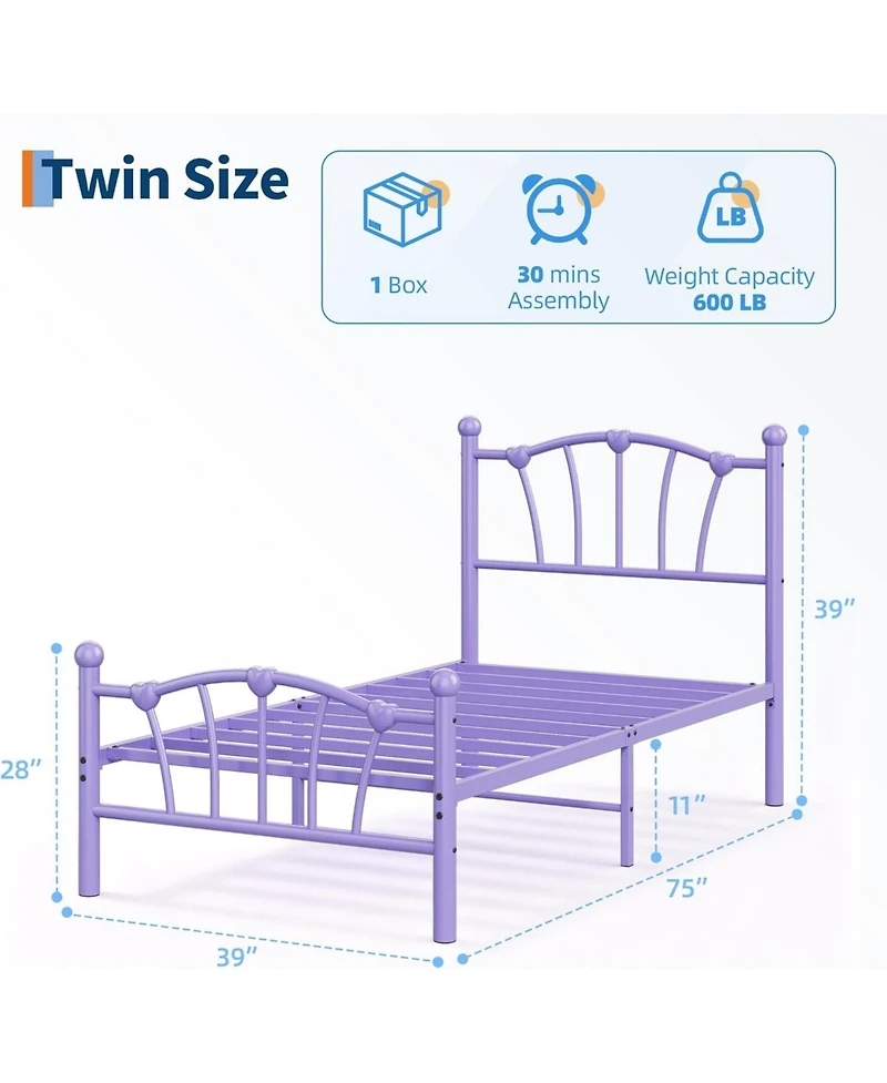 gaomon Twin Kids Bed Frame with Headboard & Footboard, Heart-Shaped Metal Platform Bed, Strong Steel Slats, Noise-Free, No Box Spring