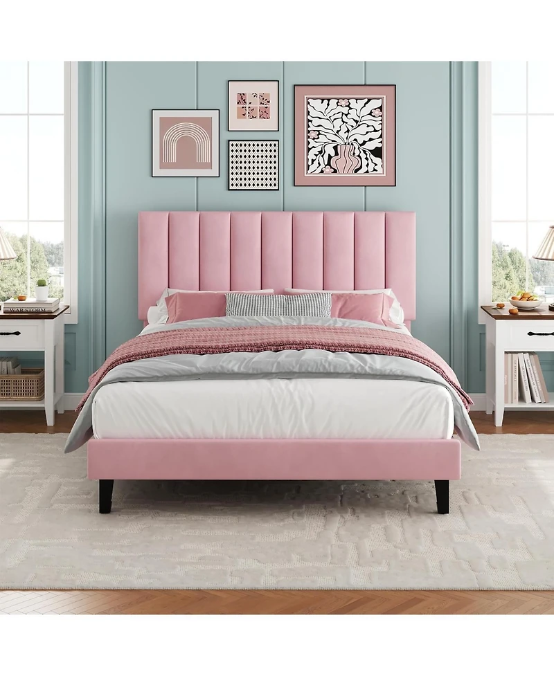 gaomon Velvet Upholstered Platform Bed Frame with Adjustable Headboard, No Box Spring Needed