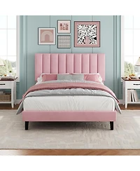 gaomon Velvet Upholstered Platform Bed Frame with Adjustable Headboard, No Box Spring Needed