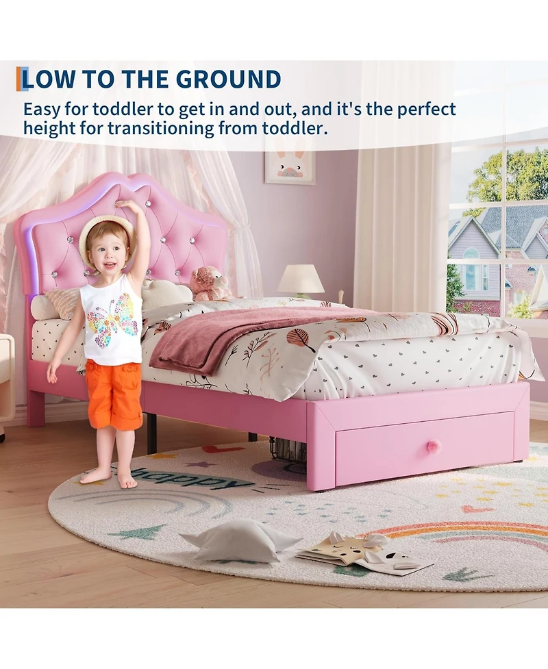 gaomon Twin Bed Frame with Led Lights Velvet Crystal Button Headboard Storage Drawer No Box Spring