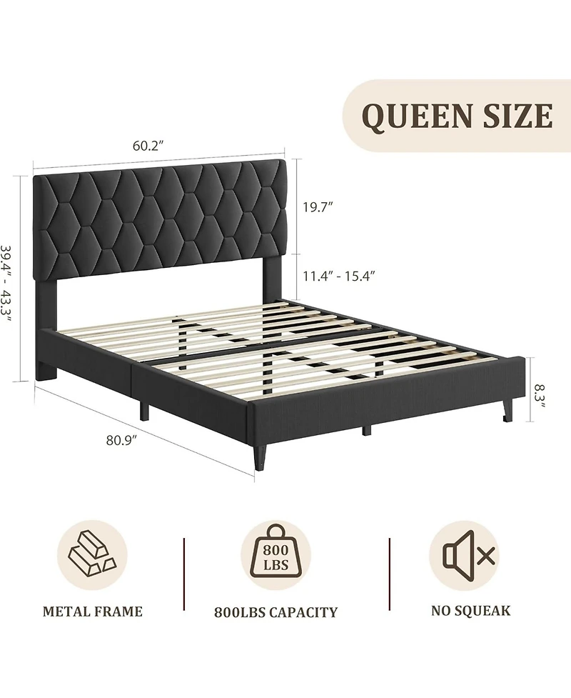 gaomon Upholstered Platform Bed Frame with Adjustable Headboard, Modern Design, Wooden Slats Support, Triangular Legs.
