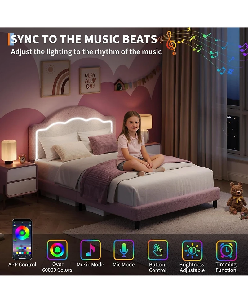 gaomon Kids Bed Frame with Led Headboard, Sherpa Upholstered Platform Bed, Wooden Slats Support, No Box Spring Needed