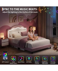 gaomon Kids Bed Frame with Led Headboard, Sherpa Upholstered Platform Bed, Wooden Slats Support, No Box Spring Needed