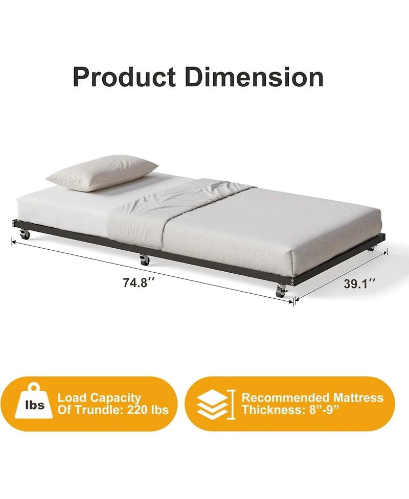 gaomon Twin Size Metal Roll-Out Trundle Bed Frame with Wheels, Strong Steel Slats Support, Space-Saving Guest Bed