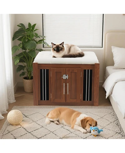 Aostirmotor Walnut Luxury Dog Crate Side Table with Storage Ottoman and Removable Cushion