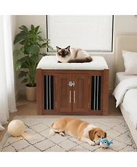 Aostirmotor Walnut Luxury Dog Crate Side Table with Storage Ottoman and Removable Cushion
