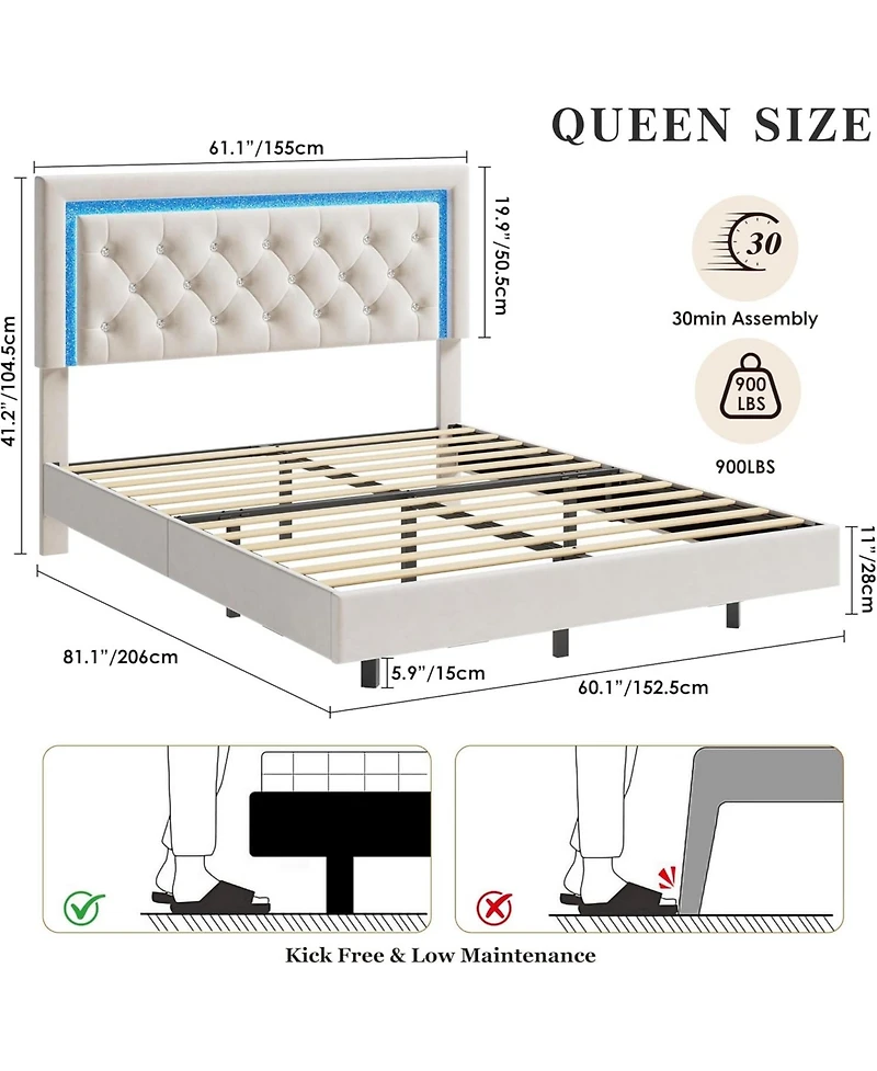 gaomon Queen Floating Bed Frame with Led Lights, Upholstered Diamond Headboard, Wood Slats Support